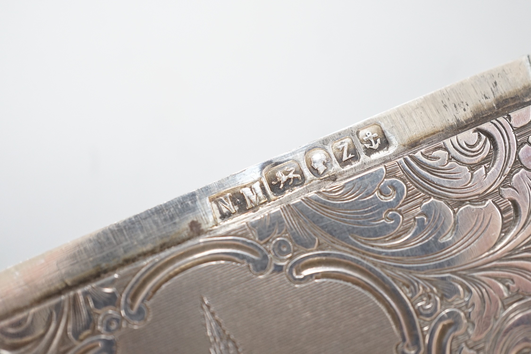 A Victorian silver card case by Nathaniel Mills, the front panel engraved with The Scott Memorial, Birmingham, 1848, 9.9cm.